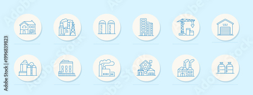 Industrial buildings factory set icon. Minimal line badges, house facade, power plant, storage silos, office tower, construction crane, warehouse, refinery tanks, apartment block, manufacturing plant