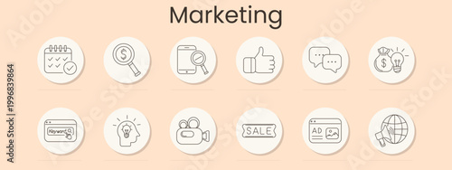 Marketing set icon. Calendar plan, money search, mobile analytics, like symbol, chat message, idea profit, keyword page, creative mind, video camera, sale ticket, ad banner, global megaphone