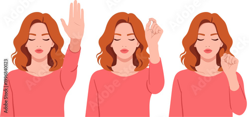 Redhead woman hand gestures vector set, female character showing stop sign and fist, young lady with closed eyes in pink sweater, flat illustration