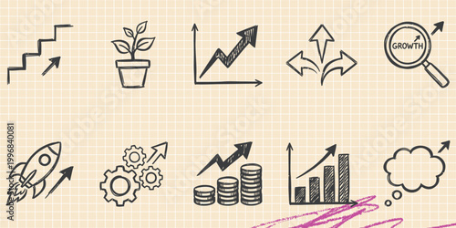 Black ink scribble doodle vector vintage hand drawn set of business startup rocket growth and innovation