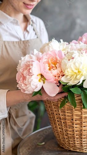 Close-up of a smiling person holding a wicker basket overflowing with peonies of varied colors, with their hands, wearing an apron