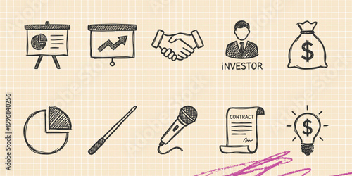 Black ink scribble doodle vector vintage hand drawn illustration of business presentation podium and charts