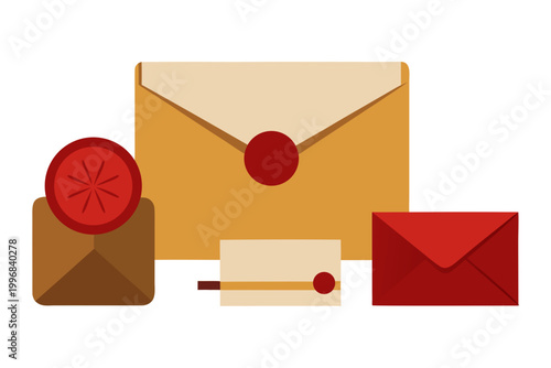 Vector envelopes, sealed letters, and wax stamps, colorful correspondence icons