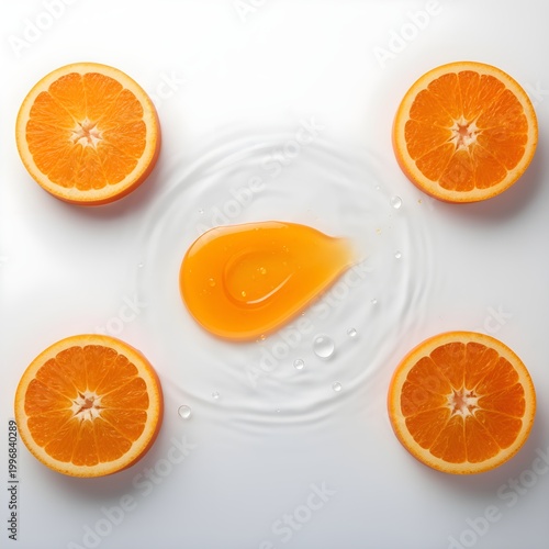 Vitamin C Serum, Orange Slices, Water Drops Isolated on White