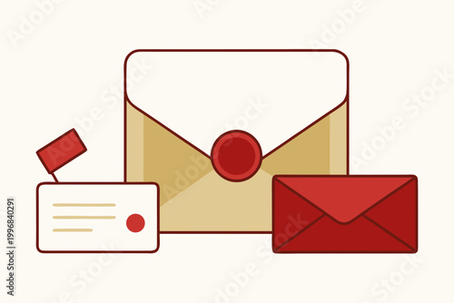 Email, envelope, and mail icons, red and beige, vector graphics