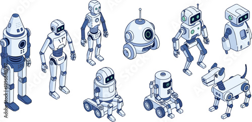 Robot Collection Set with Futuristic Android AI Machines and Cute Tech Bots Isolated on White Background Vector Illustration