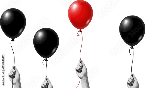 Red balloon standing out from black balloons, hands holding strings of floating balloons, leadership and individuality concept vector