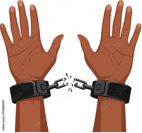 Broken handcuffs on black hands vector, freedom and liberation concept illustration, shattered metal chains on wrists for social justice and human rights