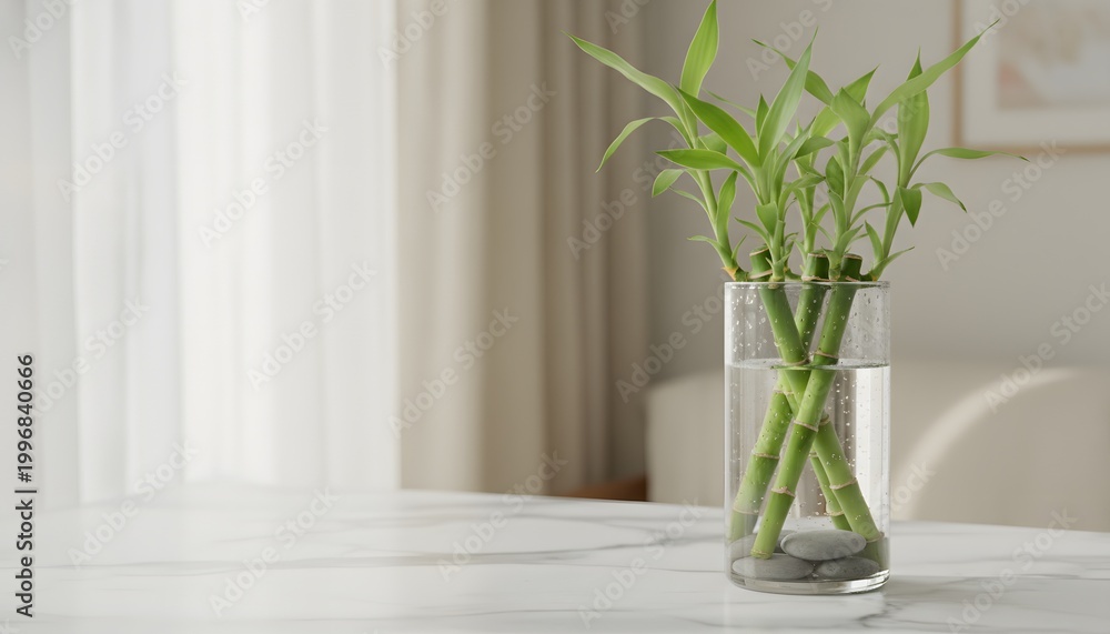 Obraz premium Green bamboo stalks growing in water placed in a glass vase on a white marble surface, representing a sustainable plants and wellness lifestyle concept with copy space