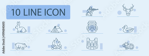 Hunting set icon. Outline hunting symbols, hunter rifle, deer head, rabbit, tent camp, GPS navigator, backpack gear, duck, bear, bonfire, binoculars
