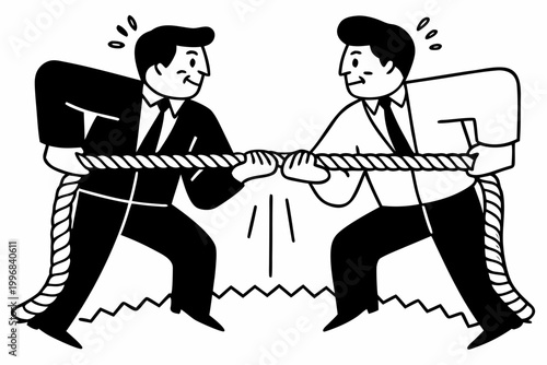 Business competition, tug of war, office rivalry, cartoon illustration, black and white vector