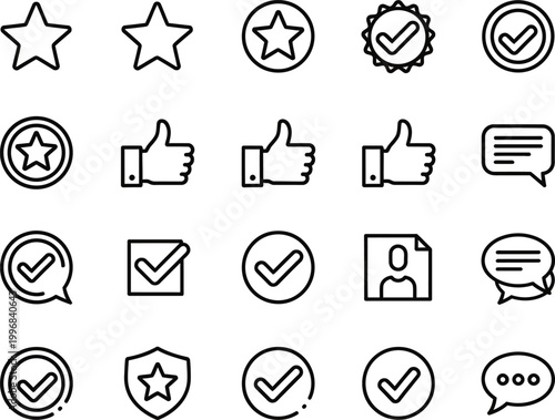 Black line icons of ratings, checks, and thumbs up
