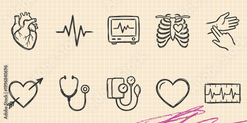 Black ink scribble doodle vector vintage hand drawn set of human internal organs heart and lungs anatomy