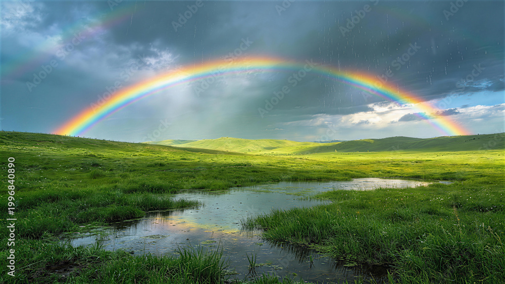 Naklejka premium Rainbow's Embrace: A vibrant rainbow arcs gracefully across a sprawling landscape of lush greenery, under a dramatic, cloudy sky, creating a breathtaking moment of natural beauty and wonder.