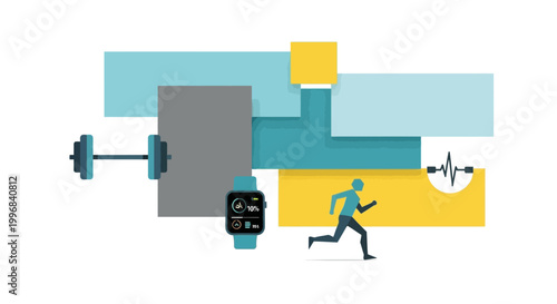 a runner and fitness icons in geometric shapes.