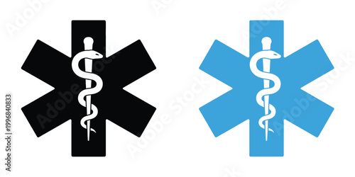 Star of Life vector icon emergency medical services EMS symbol with Rod of Asclepius healthcare badge design