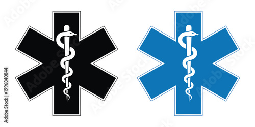 Star of Life EMS medical emergency symbol with Rod of Asclepius vector icon isolated healthcare and rescue sign illustration