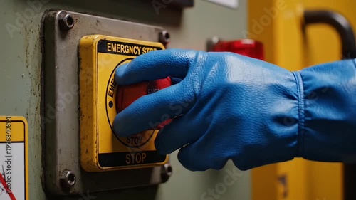 A gloved hand pressing an emergency button in a industrial setting for safety and security video