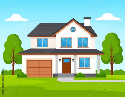 Cartoon illustration depicting a two-story residence with a garage, front porch, trees, and blue sky. A simple, inviting residential scene