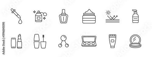 Cosmetics beauty skincare set icon. Dropper perfume polish cream sun spray lipstick mascara roller palette tube mirror depict makeup facial care product.