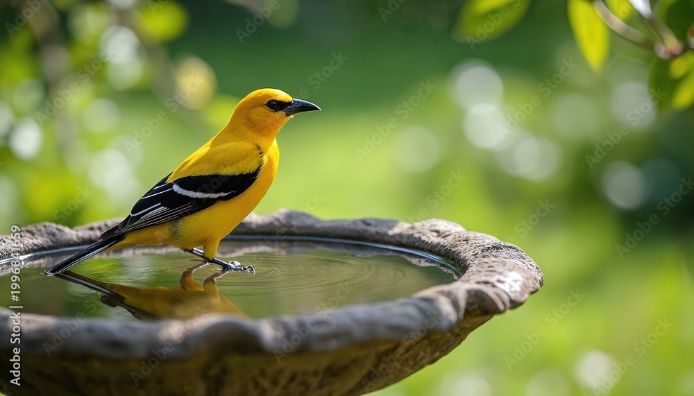 Fototapeta premium Bright yellow oriole bird perches on stone birdbath edge. Small bird reflects in still water. Green garden foliage forms soft background bokeh. Bird drinks water.