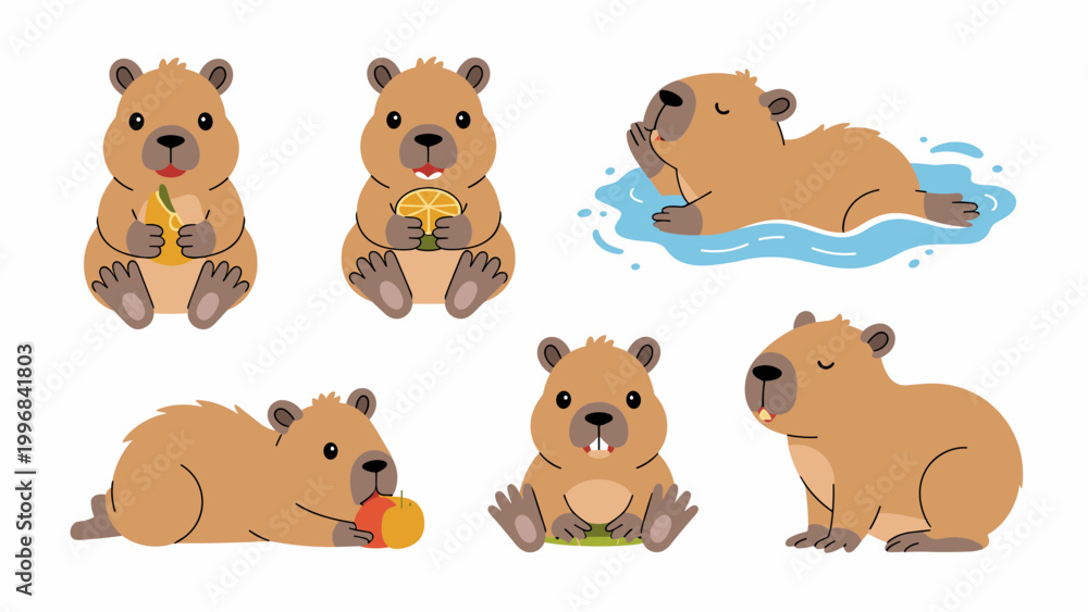 Fototapeta premium Cute Capybara Character Set – Adorable Cartoon Rodents in Relaxing and Playful Poses Flat Vector Collection