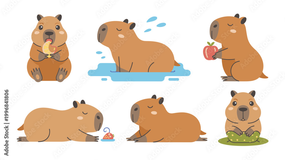 Fototapeta premium Cute Capybara Character Set – Adorable Cartoon Rodents in Relaxing and Playful Poses Flat Vector Collection