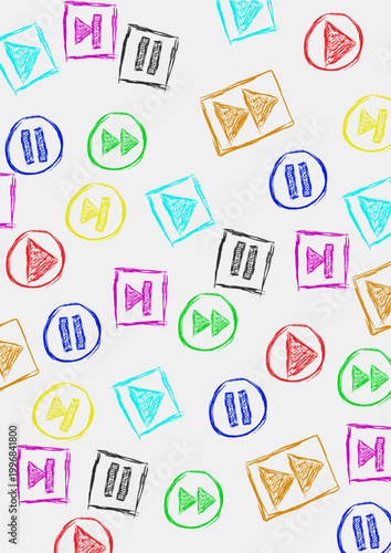 Seamless Background Pattern of Colorful Hand-Drawn Media Player Icons Including Play, Pause, Fast Forward, and Rewind Buttons in Sketchy Doodle Style on a Light Grey Vertical Background.