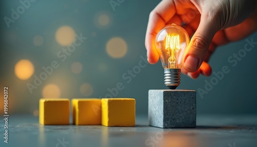 Hand places glowing lightbulb on cube near yellow blocks. Symbolizes new idea innovation startup growth business strategy, concept development progress.