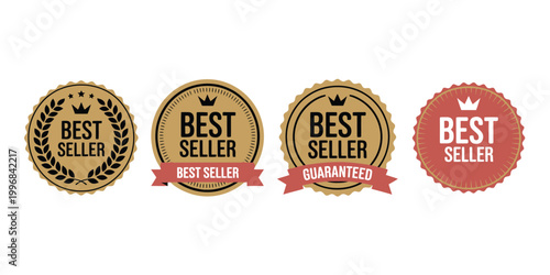 Sticker best seller set of premium gold red labels for top rated products marketing badge symbol vector illustration