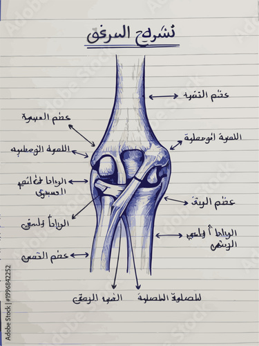 Diagram of the human elbow joint with Arabic anatomical labels