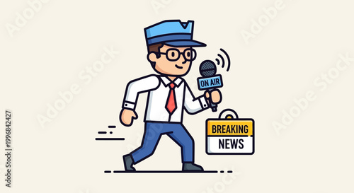 Cartoon journalist rushing with breaking news.