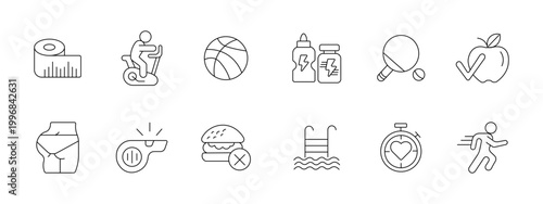 Fitness healthy lifestyle set icon. Measuring tape cyclist basketball supplement bottle table tennis apple shorts whistle burger pool stopwatch runner depict sport diet activity.