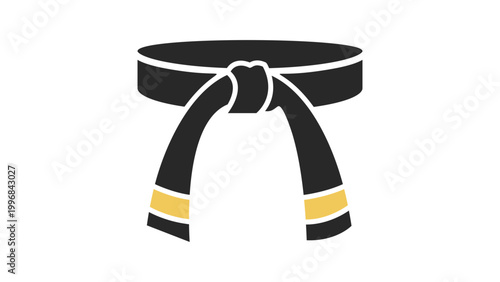 Foto Martial Arts Black Belt Vector Icon Illustration: A Modern Flat Design of a Tied Karate or Judo Obi with Yellow Stripes on a White Background, Representing Rank, Discipline, and Achievement