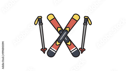 Bild auf Leinwand Modern Flat Vector Icon Illustration of Crossed Downhill Skis and Poles for Winter Sports, Mountain Resorts, and Outdoor Activities