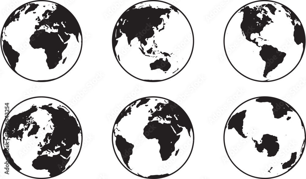 Obraz premium Black and white maps with country outlines and continents in simple, flat style countries globe