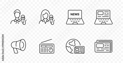 News media set icon. Reporter microphone, journalist portrait, news laptop, online article, megaphone, radio broadcast, world press