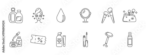 Cosmetics set icon. Perfume bottles, face mask, oil drop, mirror, makeup brushes, beauty bag, serum jar, discount ticket, lotion tube, mascara, razor, personal care routine.