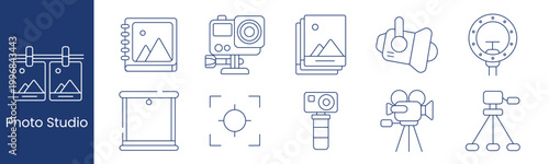 Photo studio set icon. Collection with hanging photos, notebook album, action camera, instant picture stack, studio light, backdrop stand, focus frame, handheld camera, movie camera, tripod.