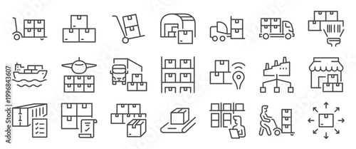 Bulk product icon set. It includes warehouse, distribution, wholesale, package, logistic, and more icons. Editable Vector Stroke.