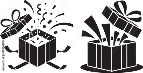 Celebration gift boxes with open lids and decorative confetti party items.