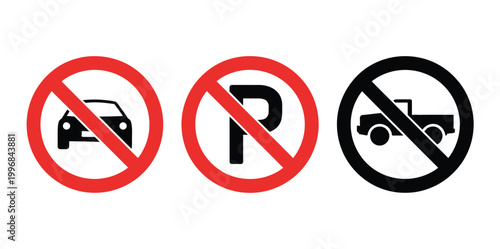 Traffic signs vehicle prohibition and parking restriction symbols three isolated vector illustrations for regulatory signage systems