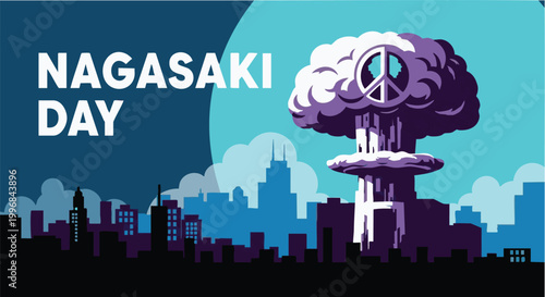 Fotografía Nuclear mushroom cloud with peace sign in purple and blue hues for Nagasaki Day