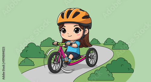 Cartoon Girl Riding Pink Tricycle On Path.