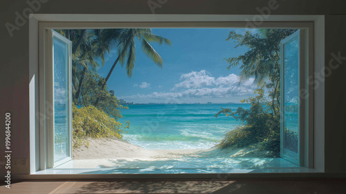Ai Window view of beach and ocean with palm trees on a sunny day