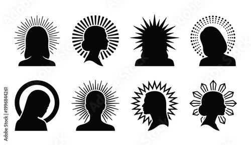 Schilderij op canvas Silhouette Icons of Diverse Female Heads with Radiant Halos, Sacred and Spiritua