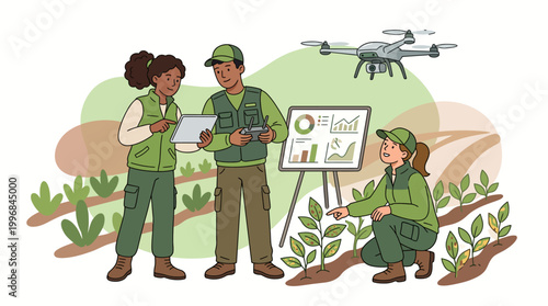 Diverse group of agricultural engineers using smart farming technology with drones and data analysis in a crop field