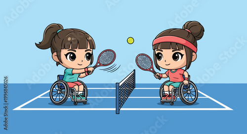 Two Girls in Wheelchairs Playing Tennis Match.