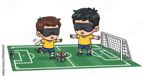 Two masked children playing soccer together.