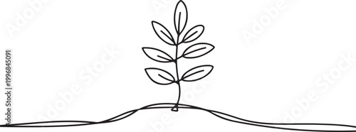 Single line drawing of a small plant sprout growing from earth.